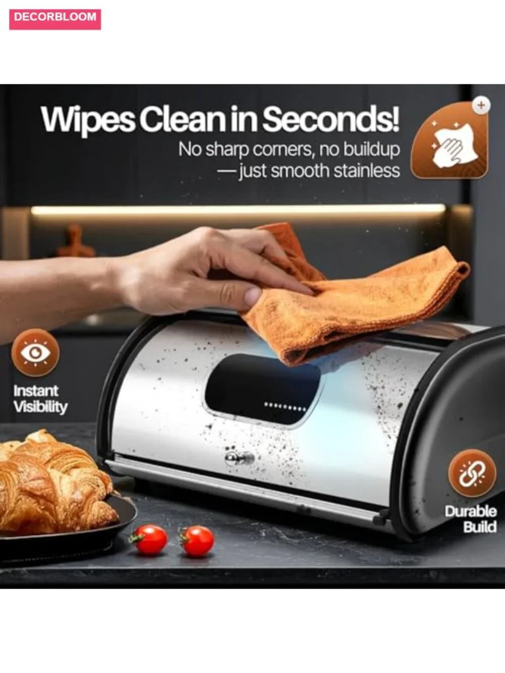 Stainless Steel Airtight Bread Box with Roll Up Lid and Window - 13 Inch